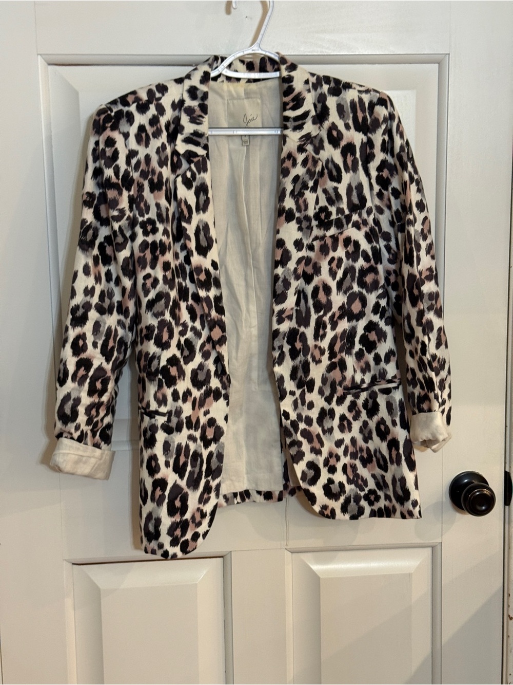 Joie Leopard Mehira Print Linen Blazer Women’s Size 8 Rolled Cuff 25743 - Picture 3 of 11